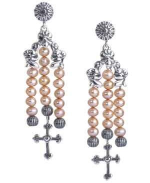 American West Freshwater Pearl Cross Drop Earrings In Sterling Silver