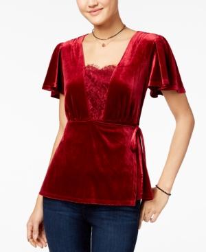 Lily Black Juniors' Velvet & Lace Faux-wrap Top, Created For Macy's