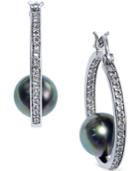 Tahitian Freshwater Pearl (8 Mm) And White Topaz Accent Hoop Earrings In Sterling Silver