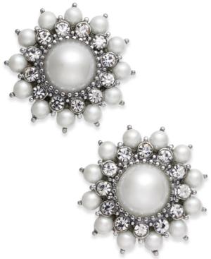Charter Club Silver-tone Crystal & Imitation Pearl Button Earrings, Created For Macy's