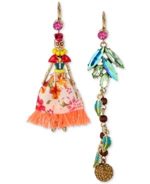 Betsey Johnson Gold-tone Skull Girl And Crystal Pave Ball Mismatch Earrings