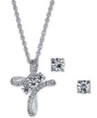 Charter Club Silver-tone Crystal Cross Pendant Necklace & Stud Earrings