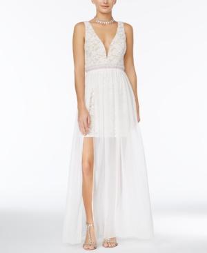 Crystal Doll Juniors' Embellished Chiffon-overlay Lace Dress