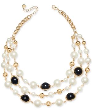Charter Club Gold-tone Pave, Imitation Pearl & Bead Triple-row Statement Necklace, 17 + 2 Extender, Created For Macy's