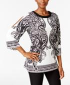 Jm Collection Petite Printed Cold-shoulder Top, Only At Macy's