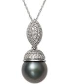 Cultured Tahitian Black Pearl (9mm) And Diamond (3/8 Ct. T.w.) Pendant Necklace In 14k White Gold
