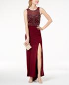 Morgan & Company Juniors' Beaded Mesh Slit Gown