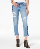 Black Daisy Juniors' Jamie Ripped Embroidered Relaxed Fit Girlfriend Jeans