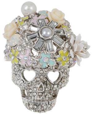 Betsey Johnson Silver-tone Glittery Flower Skull Ring