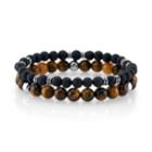 He Rocks Tiger Eye Stone And Black Lava Bead Double Bracelet With Stainless Steel Beads, 8.5