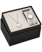 Bulova Women's Crystal Accent Stainless Steel Bangle Bracelet Watch And Heart Necklace Box Set 26mm 96x135