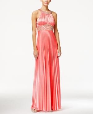 Sequin Hearts Juniors' Jeweled Pleated Satin Gown