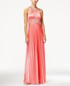 Sequin Hearts Juniors' Jeweled Pleated Satin Gown