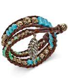 Gold-tone And Brown Cord Beaded Pave Feather Wrap Bracelet