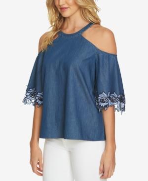 Cece Cotton Embroidered Cold-shoulder Top