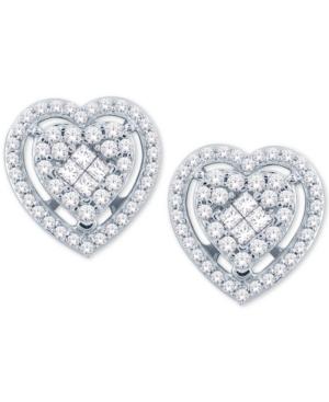 Diamond Heart Cluster Stud Earrings (1/2 Ct. T.w.) In 14k White Gold