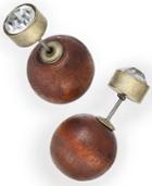 Gold-tone Wooden Sphere And Crystal Reversible Front And Back Earrings
