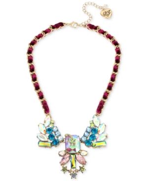 Betsey Johnson Gold-tone Multi-stone Shooting Star & Woven Burgundy Velvet Ribbon Statement Necklace
