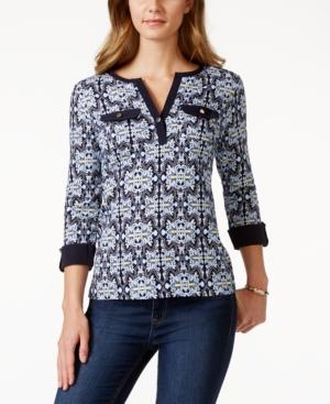 Charter Club Roll-tab Henley Top, Medallion Print