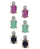Victoria Townsend Oval Cut Emerald, Ruby And Sapphire And Diamond Accent Stud Trio In 18k Gold Over Sterling Silver (2-3/8 Ct. T.w.)
