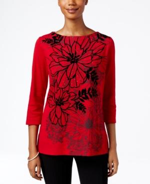 Karen Scott Embellished Floral-print Top, Only At Macy's