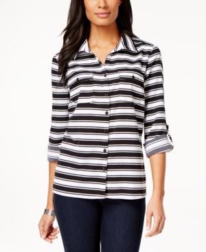 Ny Collection Petite Striped Roll-tab Utility Shirt