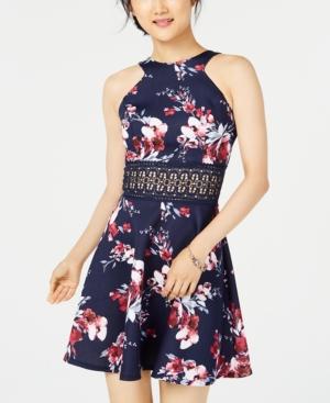 City Studios Juniors' Printed Crochet-contrast Fit & Flare Dress