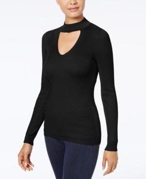 Hippie Rose Juniors' Mock-neck Cutout Rib-knit Sweater