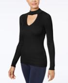 Hippie Rose Juniors' Mock-neck Cutout Rib-knit Sweater
