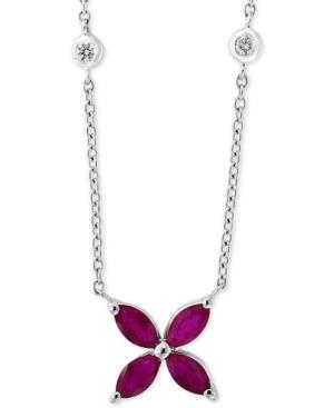 Effy Ruby (7/8 Ct. T.w.) & Diamond (1/10 Ct. T.w.) Flower 18 Pendant Necklace In 14k White Gold
