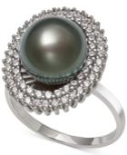 Black Cultured Tahitian Pearl (10mm) & Cubic Zirconia Ring In Sterling Silver
