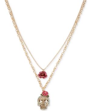 Betsey Johnson Gold-tone Glittery Skull And Rose Double Layer Pendant Necklace