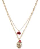Betsey Johnson Gold-tone Glittery Skull And Rose Double Layer Pendant Necklace