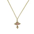 2028 Gold-tone Pink Crystal Cross And Pink Porcelain Rose Filigree Necklace 16 Adjustable