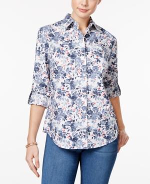 Karen Scott Floral-print Roll-tab Shirt, Only At Macy's