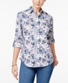 Karen Scott Floral-print Roll-tab Shirt, Only At Macy's