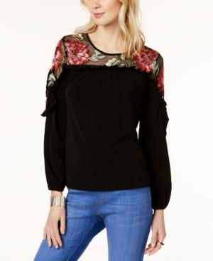 Thalia Sodi Embroidered Mesh-yoke Top, Created For Macy's
