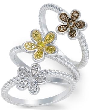 Diamond (1/5 Ct. T.w.) Flower Rings Set Of 3 In Sterling Silver