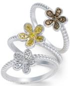 Diamond (1/5 Ct. T.w.) Flower Rings Set Of 3 In Sterling Silver