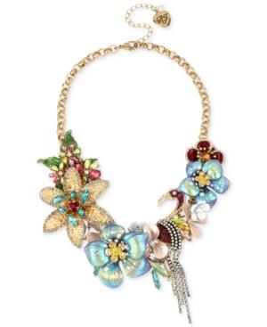 Betsey Johnson Gold-tone Multi-stone Flower & Flamingo Statement Necklace, 17 + 3 Extender