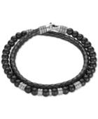Esquire Men's Jewelry Onyx (6mm) Beaded Black Leather Wrap Bracelet In Sterling Silver, Created For Macy's