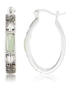 Jade (7.5 X 5.3mm) & Marcasite Oval Hoop Earrings In Sterling Silver