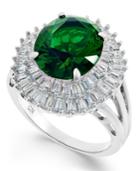 Green Glass Stone & Cubic Zirconia Double Halo Ring In Sterling Silver