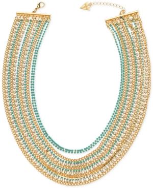 Guess Gold-tone Blue Bead And Crystal Multi-chain Statement Necklace