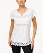 Ny Collection Petite Cap-sleeve Crocheted Blouse
