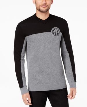 Armani Exchange Men's Two-tone Textured Logo-print V-neck Sweater