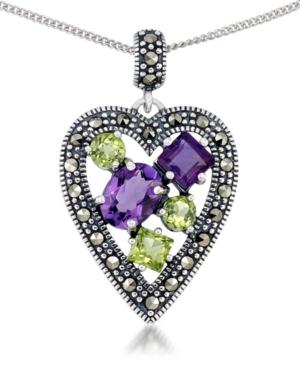 Amethyst (1-5/8 Ct. T.w.) & Peridot (1-1/3 Ct. T.w.) Marcasite Heart Pendant On 18 Chain In Sterling Silver