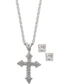 City By City Silver-tone Cross Pendant Necklace And Round Crystal Stud Earrings