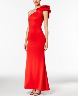 Betsy & Adam Ruffled One-shoulder Scuba Gown