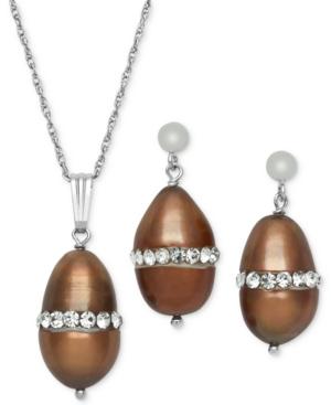 Sterling Silver Necklace And Earring Set, Brown Cultured Freshwater Pearl (8mm) And Crystal Pendant And Earring Set